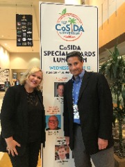 Herb Vincent, the Arch Ward Award winner at 2019 CoSIDA Convention in Orlando, is pictured with fellow honoree Holly Rowe of ESPN.